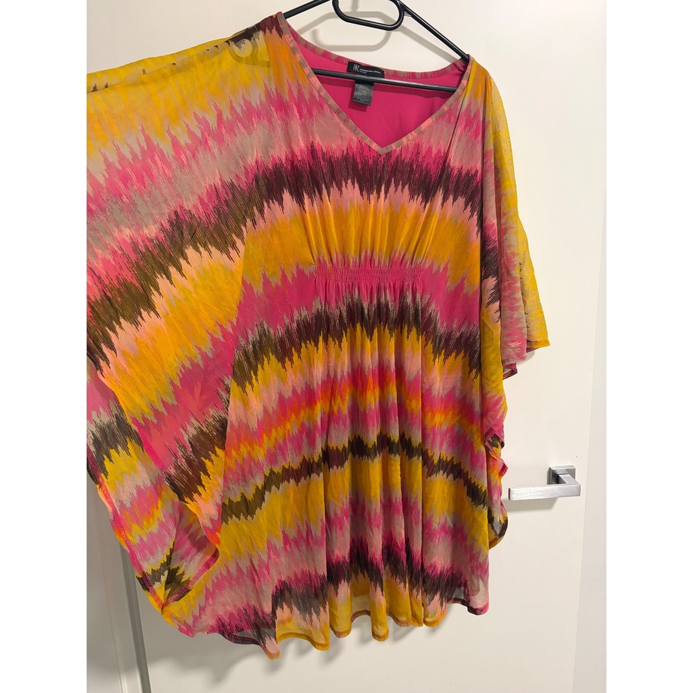 INC International Concepts Pink Yellow Chevron Mesh Kaftan Tunic Dress 1X Resort
